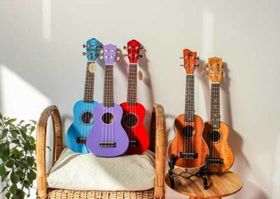 Fünf Ukulelen in Blau Lila Rot und Holzfarben auf Stuhl und Tisch neben Zimmerpflanze